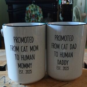 Custom Coffee Mugs 'Promoted From Cat Mom To Human Mommy Est. 2025' And Dad